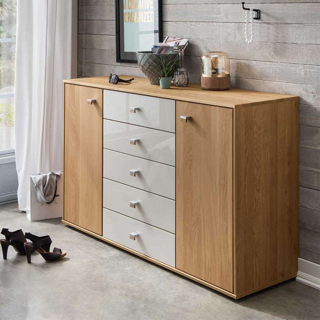 Große Kommode in Beige Glas beschichtet Eiche teilmassiv