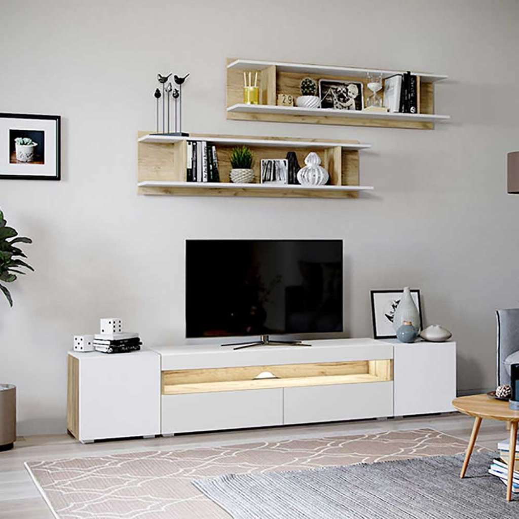 TV Wohnwand in Weiß und Eichefarben 210 cm breit (5-teilig)