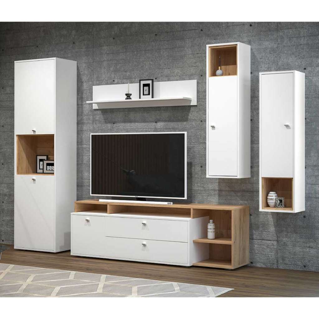 Wohnzimmer Anbauwand in Weiß und Eichefarben 200 cm hoch (5-teilig)