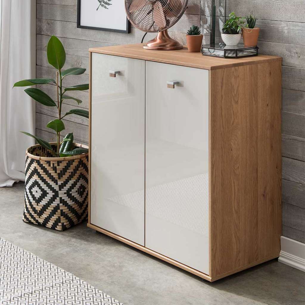 Garderoben Kommode in Beige Glas beschichtet und Eiche zwei Türen