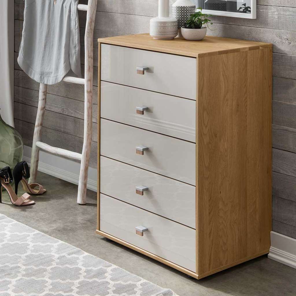Schubkastenkommode in Beige Glas beschichtet Eiche teilmassiv