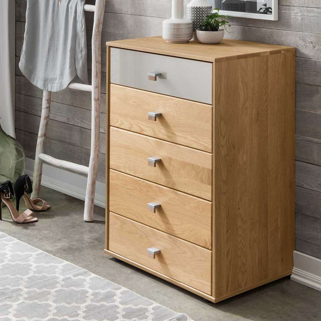 Flurkommode in Beige Glas beschichtet Eiche