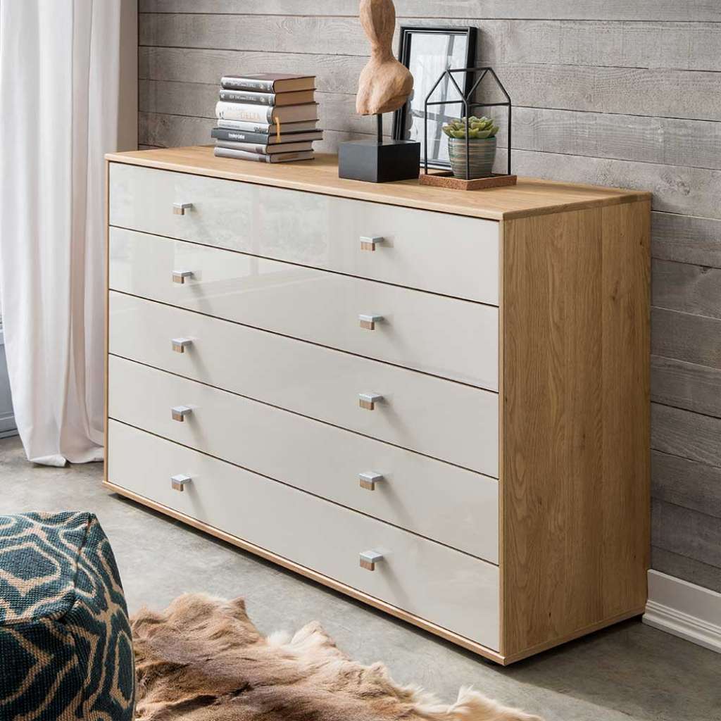 Schubladenkommode in Beige Glas beschichtet Eiche teilmassiv