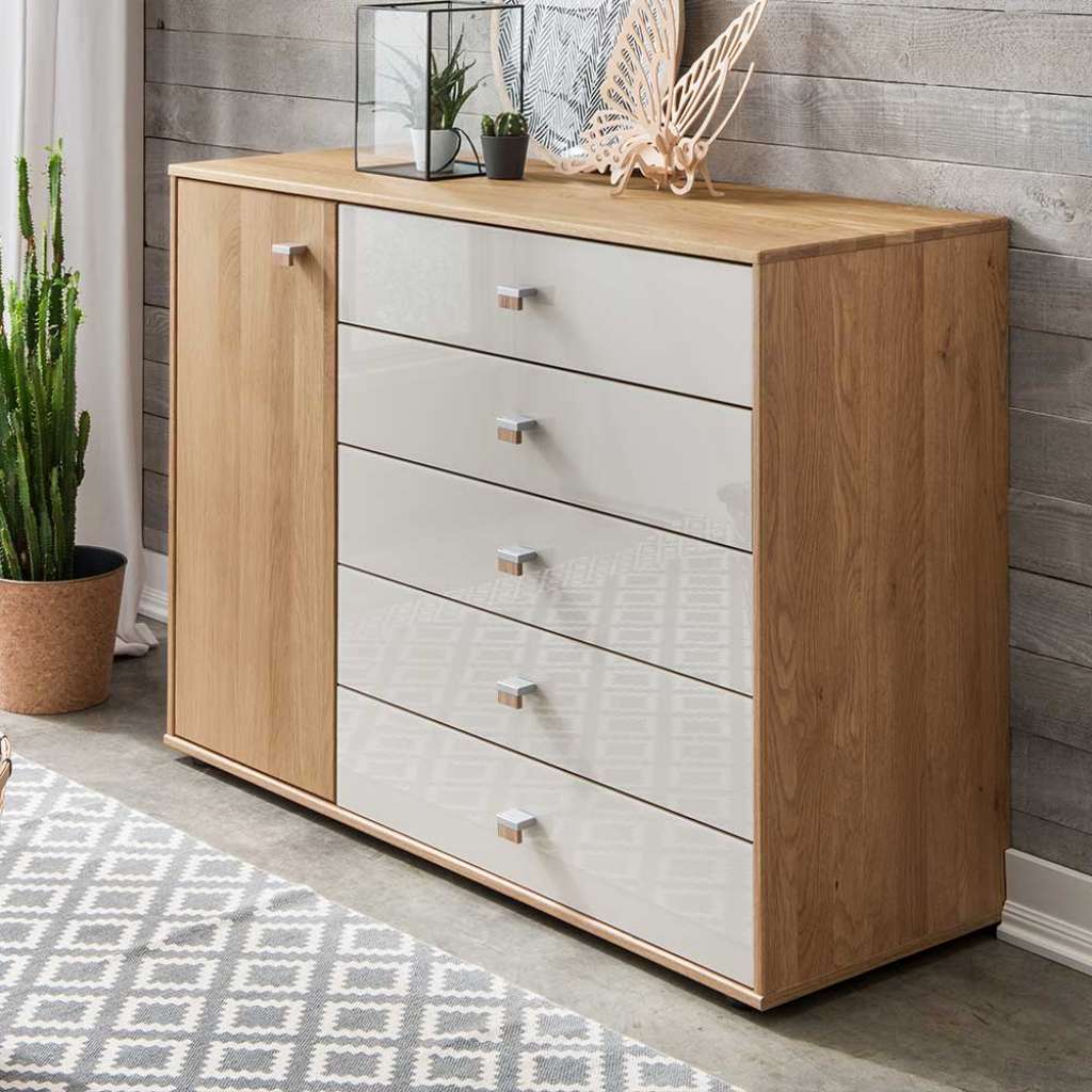 Wohnzimmer Kommode in Beige und Eiche teilmassiv Glas beschichtet