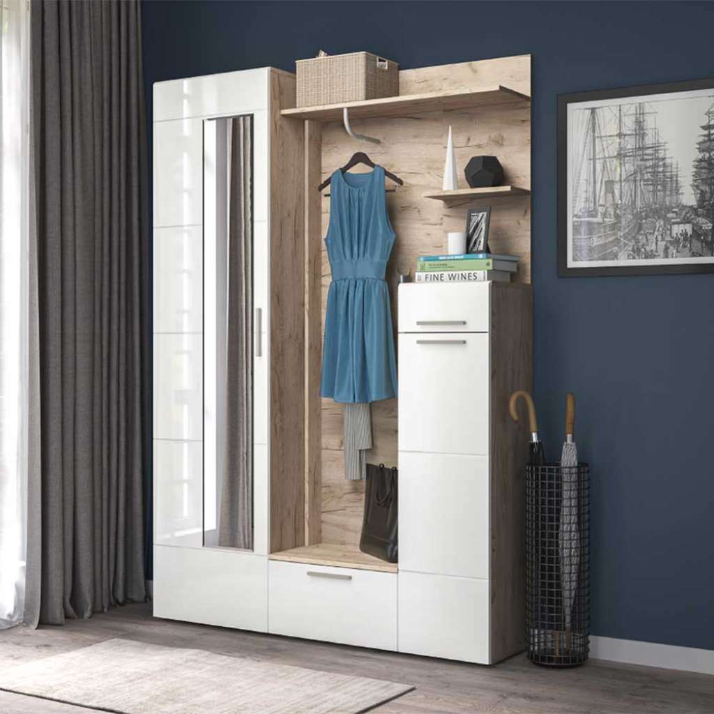 Garderobenset in Weiß Hochglanz und Sonoma Eiche modern (2-teilig)