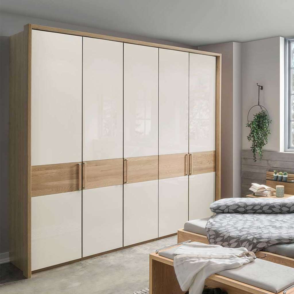 Schlafzimmerschrank in Beige Glas beschichtet Eiche