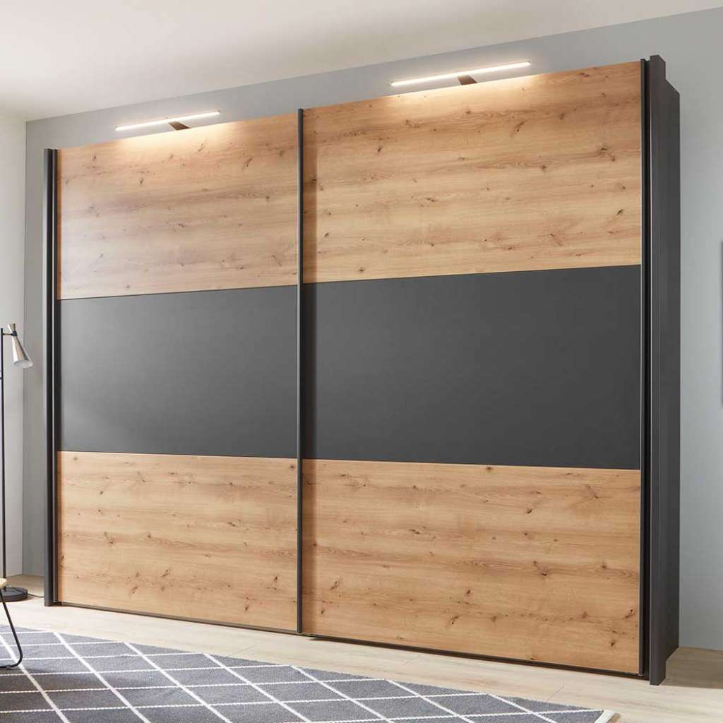 Schwebetüren Kleiderschrank in Eiche Bianco und Anthrazit Made in Germany