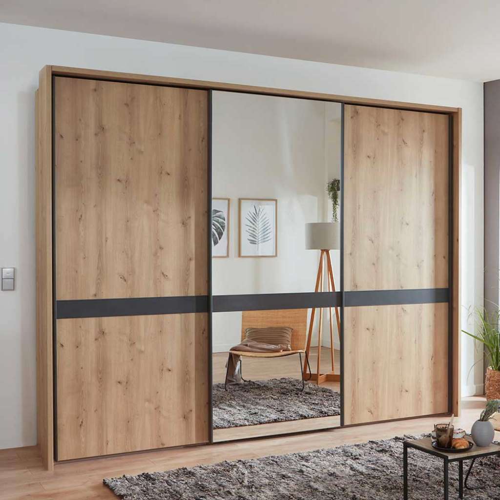 Schlafzimmerschrank in Eiche Bianco und Anthrazit Schwebetüren