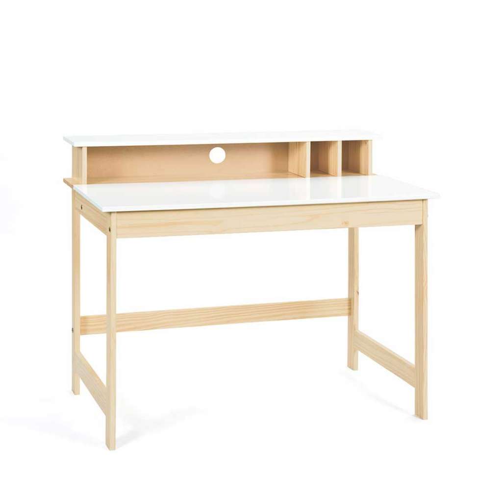 Designschreibtisch in Weiß und Kiefer Massivholz Bildschirmaufsatz