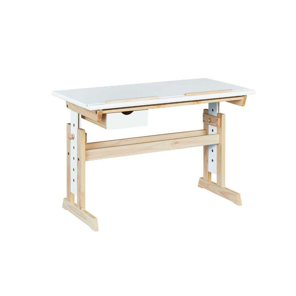 Kinderzimmerschreibtisch in Weiß und Kiefer Bianco hochklappbarer Tischplatte
