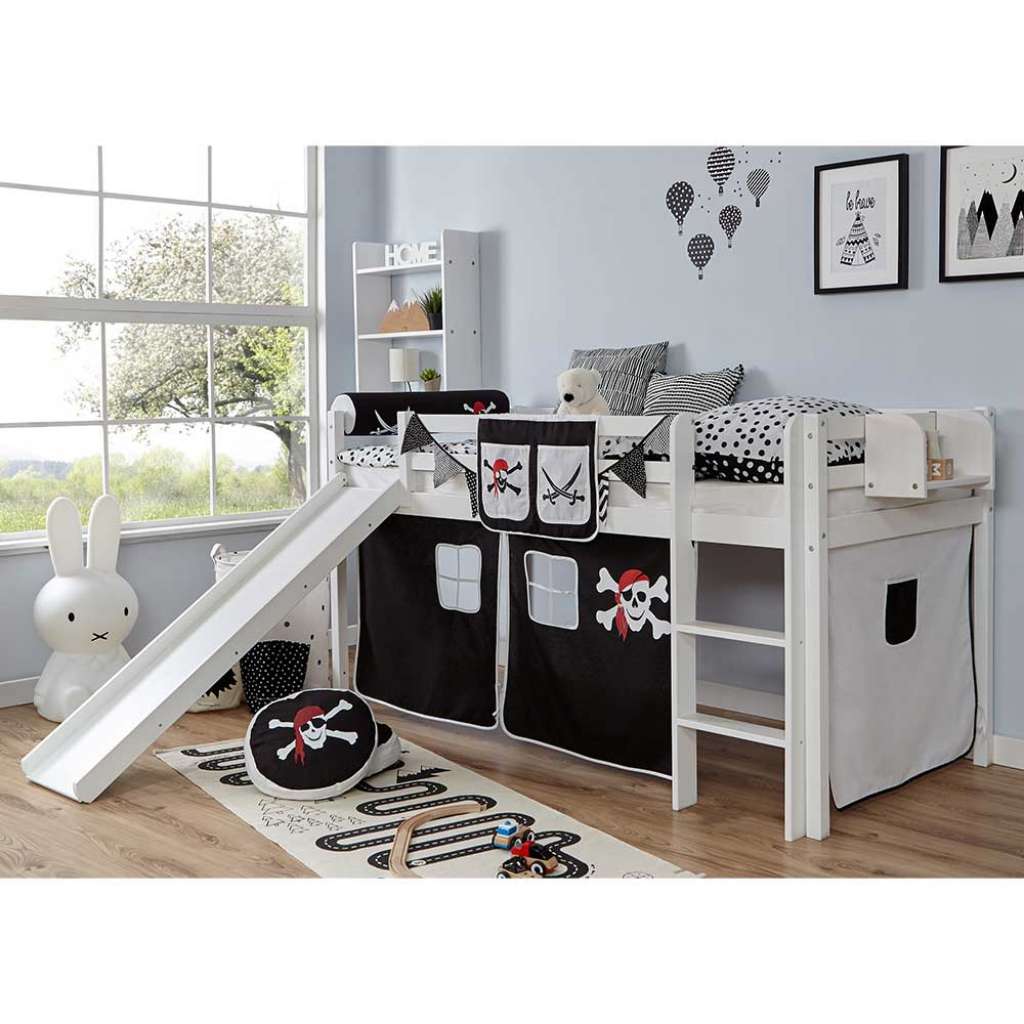 Piratenhochbett in Weiß und Schwarz 110 cm hoch