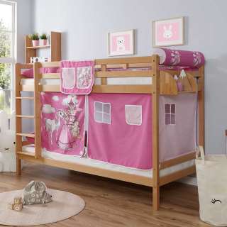 Kinderetagenbett aus Buche Massivholz Webstoff Pink und Rosa