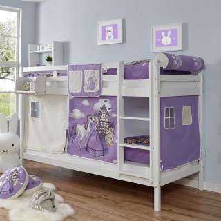 Kinderetagenbett in Weiß Lila und Beige Buche Massivholz und Webstoff