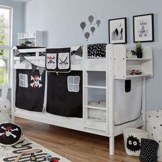 Kinderetagenbett aus Buche Massivholz und Webstoff Weiß und Schwarz