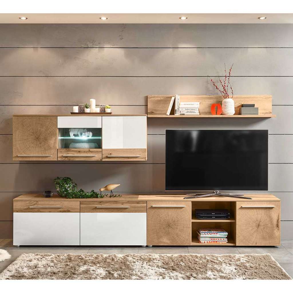 TV Wohnwand in Weiß Hochglanz und Wildeiche Optik modern (4-teilig)
