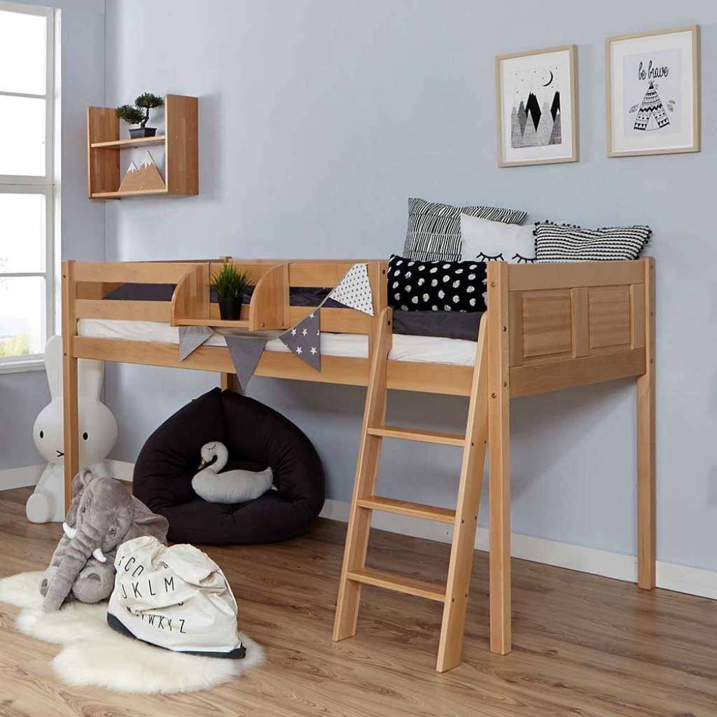 Kinderhochbett aus Buche Massivholz Hängeregal
