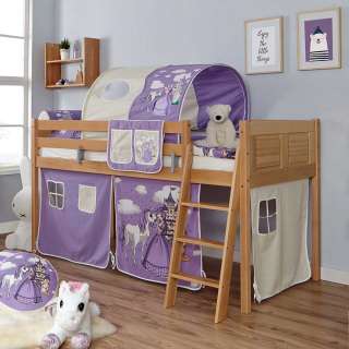 Prinzessin Spielbett aus Buche Massivholz Webstoff in Lila und Beige