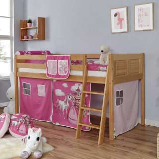 Kinderhochbett aus Buche Massivholz und Webstoff Prinzessin Motiv