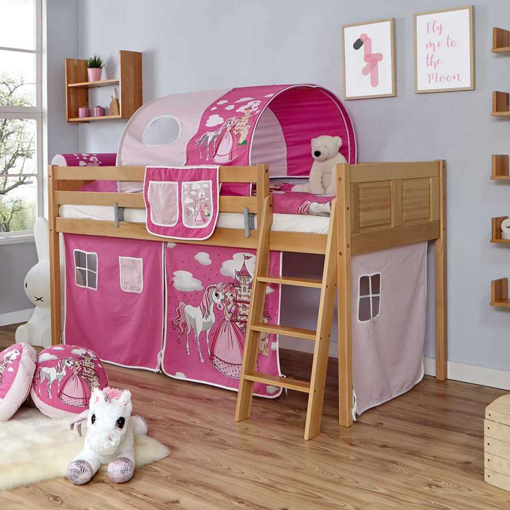 Spielhochbett in Buchefarben Pink und Rosa Vorhang und Stofftunnel