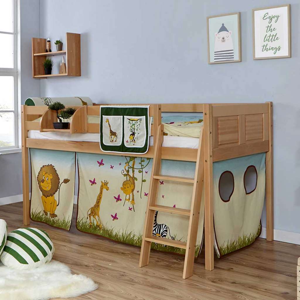 Kinderhochbett aus Buche Massivholz und Webstoff Zootier Motiv