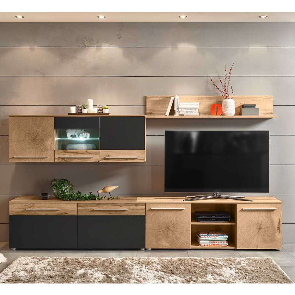 Designer Wohnwand in Grau und Wildeiche Optik modern (4-teilig)