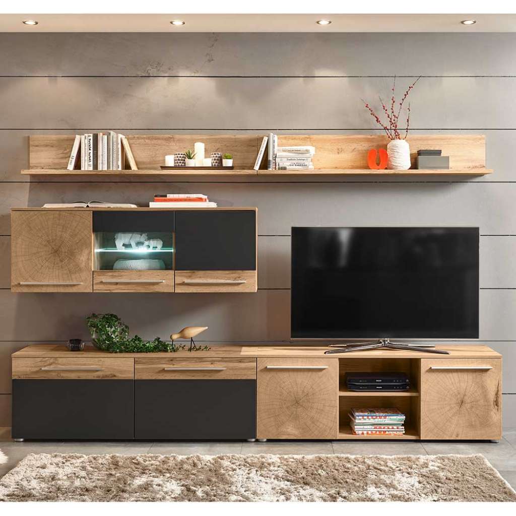 Wohnzimmer Schrankwand in Grau und Wildeiche Optik modern (5-teilig)