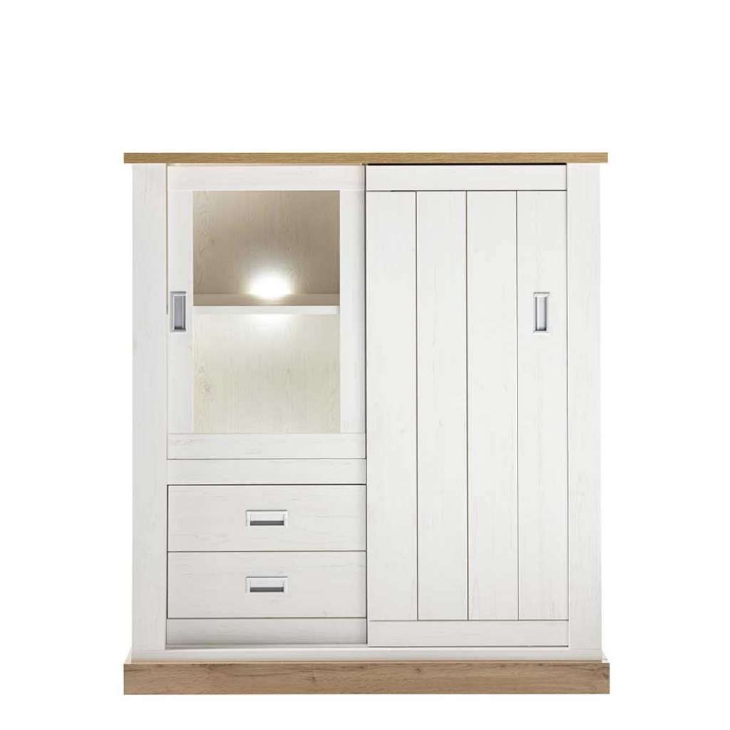 Landhaus Highboard Vitrine in Weiß und Wildeiche Optik 140 cm hoch