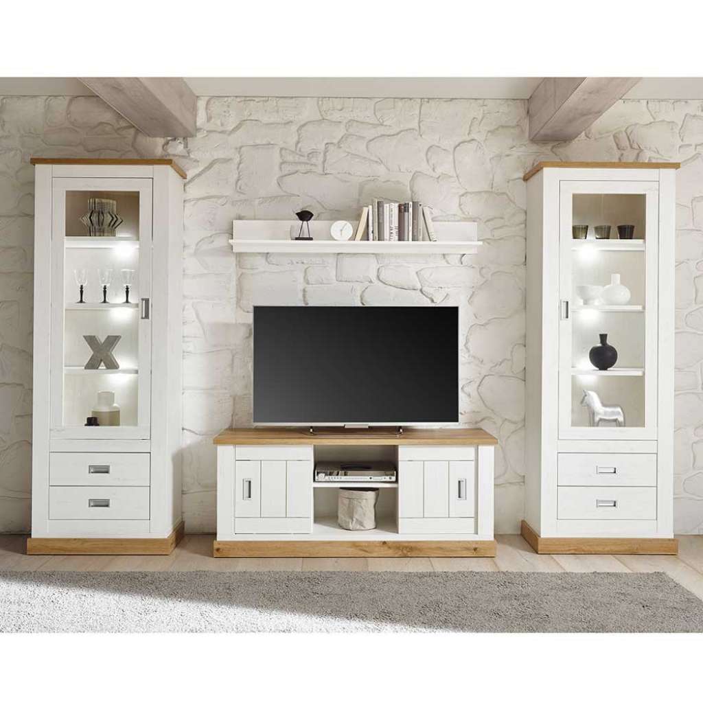 Wohnzimmer Anbauwand im Landhausstil Weiß und Wildeiche Optik (4-teilig)