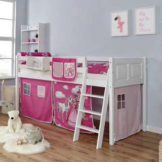 Kinderhochbett aus Buche Massivholz in Weiß Webstoff in Rosa Pink