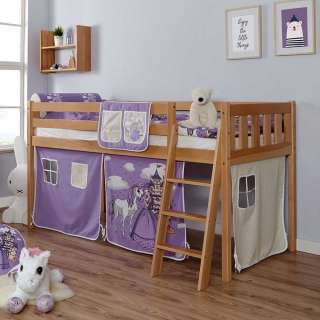 Prinzessinnenbett in Buchefarben Lila und Beige Massivholz und Webstoff