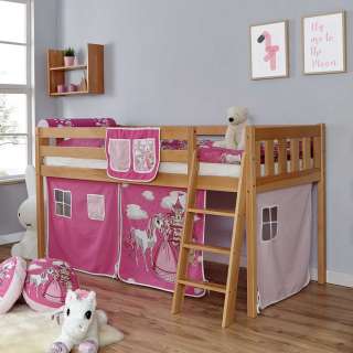 Kinderhochbett aus Buche Massivholz Webstoff in Pink und Rosa