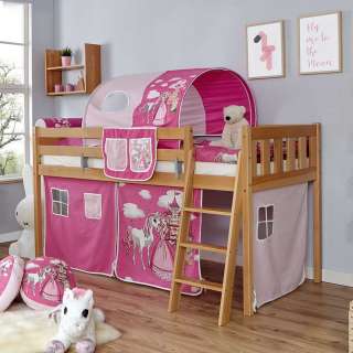 Spielhochbett aus Buche Massivholz und Webstoff Prinzessin Motiv