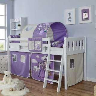 Kinderspielbett in Weiß Buche massiv Tunnel und Vorhang in Lila