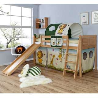 Kinderspielbett aus Buche Massivholz Rutsche und Tunnel im Zootier Design