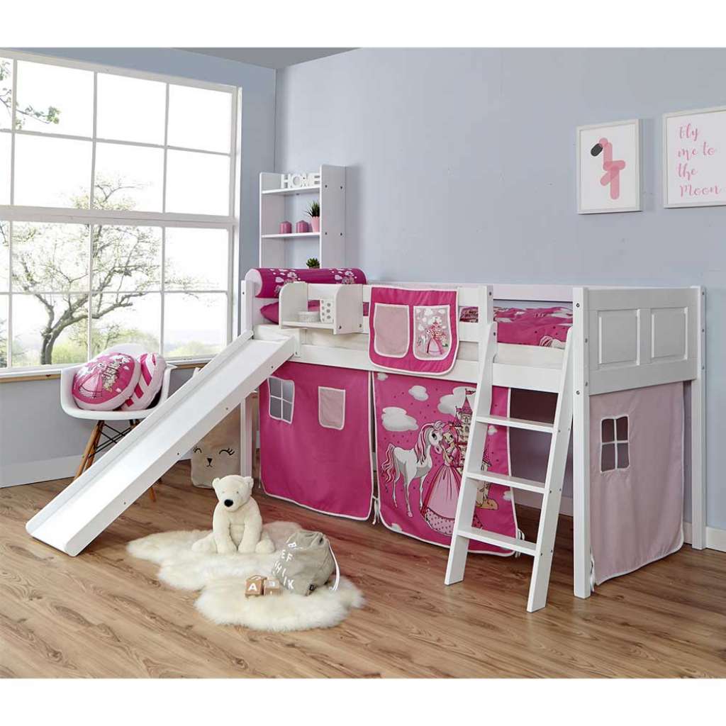 Prinzessinbett mit Rutsche und Vorhang halbhoch