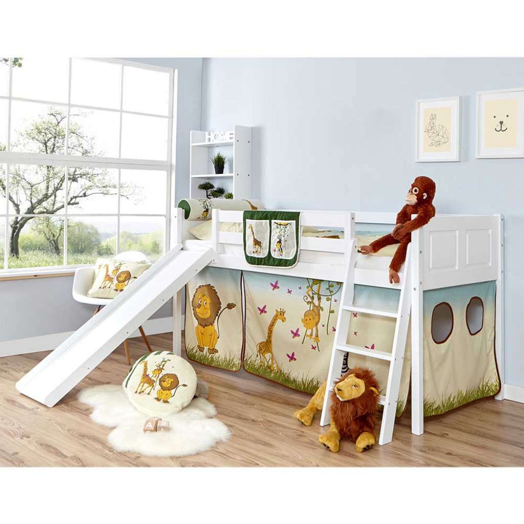 Kinder Halbhochbett mit Vorhang im Zootier Design Rutsche