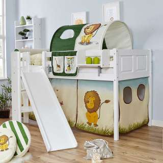 Kinderhochbett mit Rutsche Vorhang und Tunnel im Zootier Design