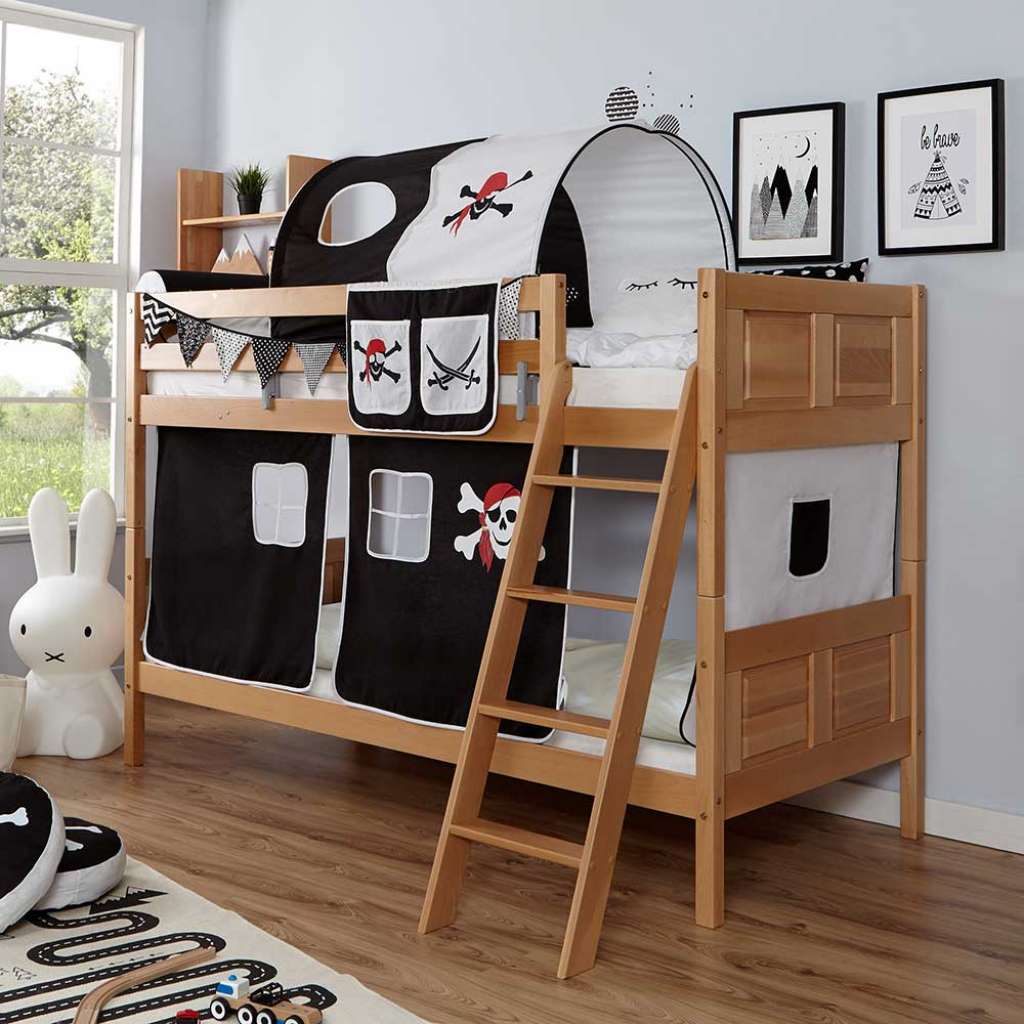 Piraten Etagenbett mit Vorhang und Tunnel 210 cm hoch