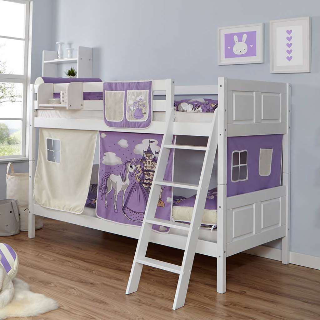 Etagenhochbett mit Vorhang im Prinzessin Design Weiß Buche massiv