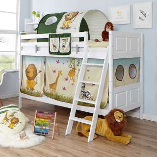 Spielhochbett mit Vorhang und Tunnel im Zoo Design 140 cm breit