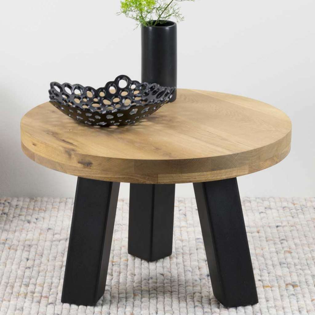 Sofatisch aus Eiche Massivholz und Stahl rund