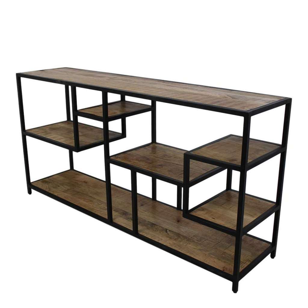 Wohnzimmer Regal aus Mangobaum Massivholz und Eisen 160 cm breit