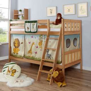 Kinderzimmer Stockbett aus Buche Massivholz Vorhang im Zootier Design
