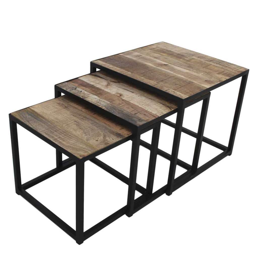 Beistelltisch Set aus Mangobaum Massivholz und Eisen quadratisch (3-teilig)