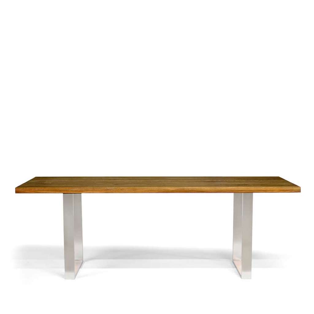 Esstisch aus Eiche Massivholz und Edelstahl 75 cm hoch