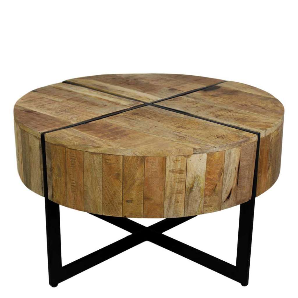 Loft Design Couchtisch aus Mangobaum Massivholz und Eisen rund