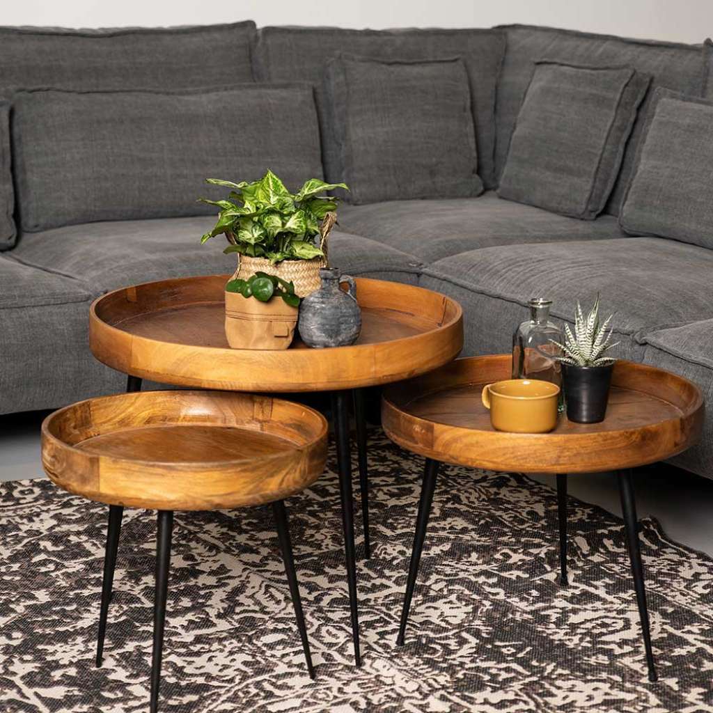 Sofatisch Set aus Mangobaum Massivholz und Eisen rund (3-teilig)
