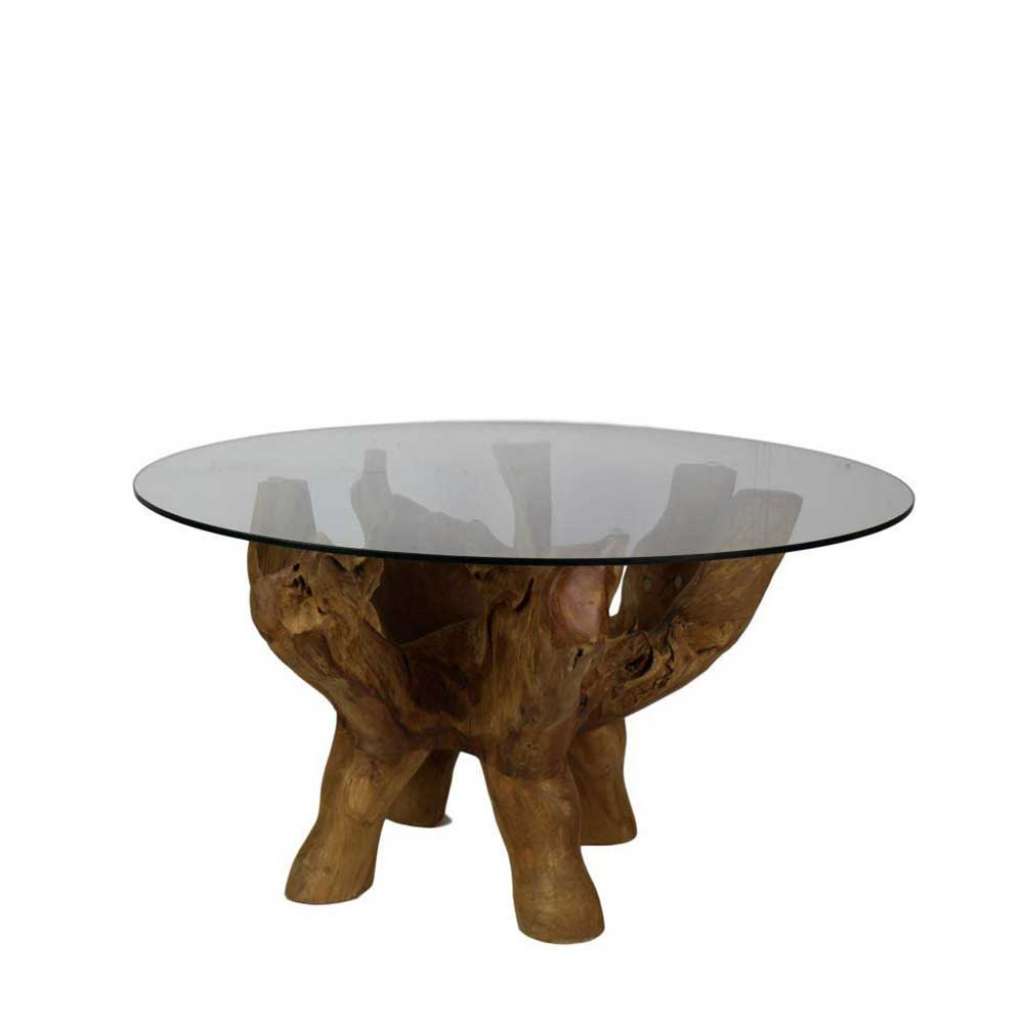 Sofatisch aus Teak Wurzelholz runder Glasplatte