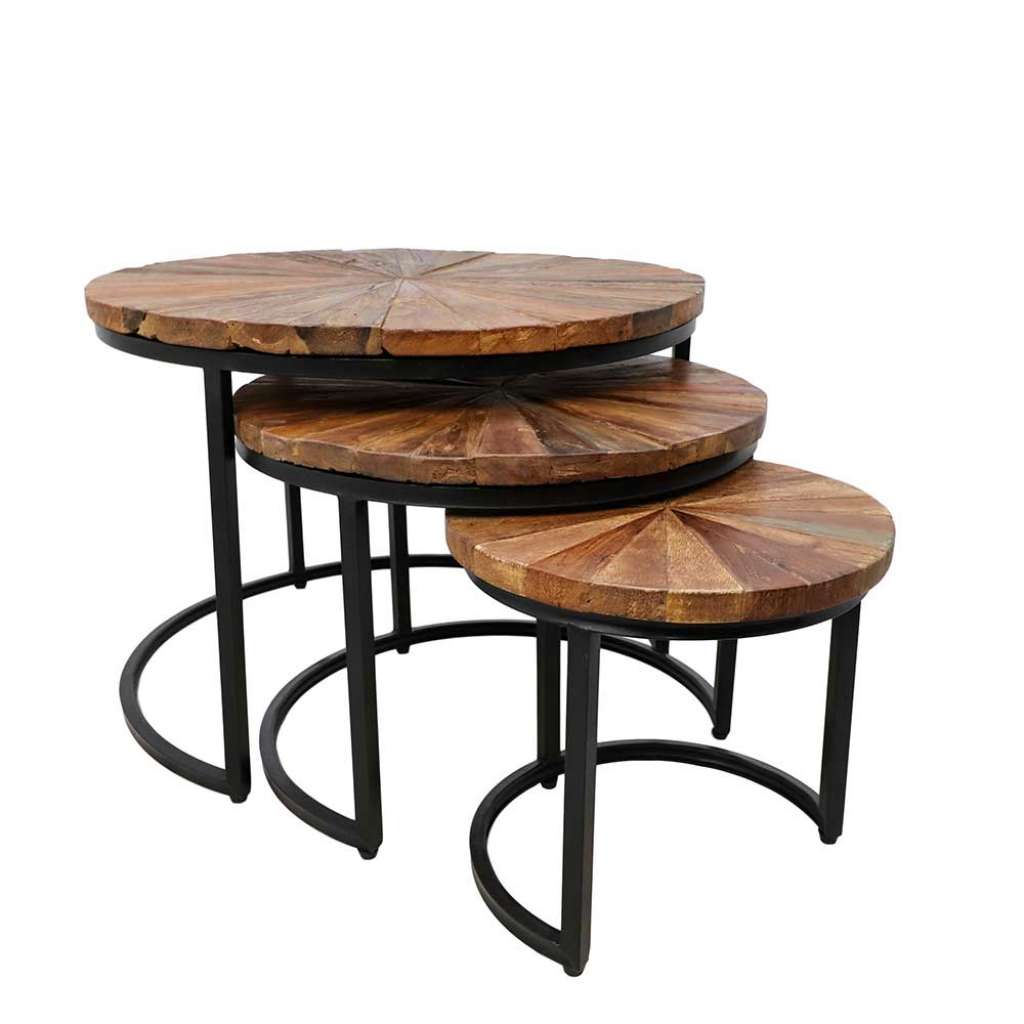 Couchtisch Set aus Massivholz und Eisen rund (3-teilig)