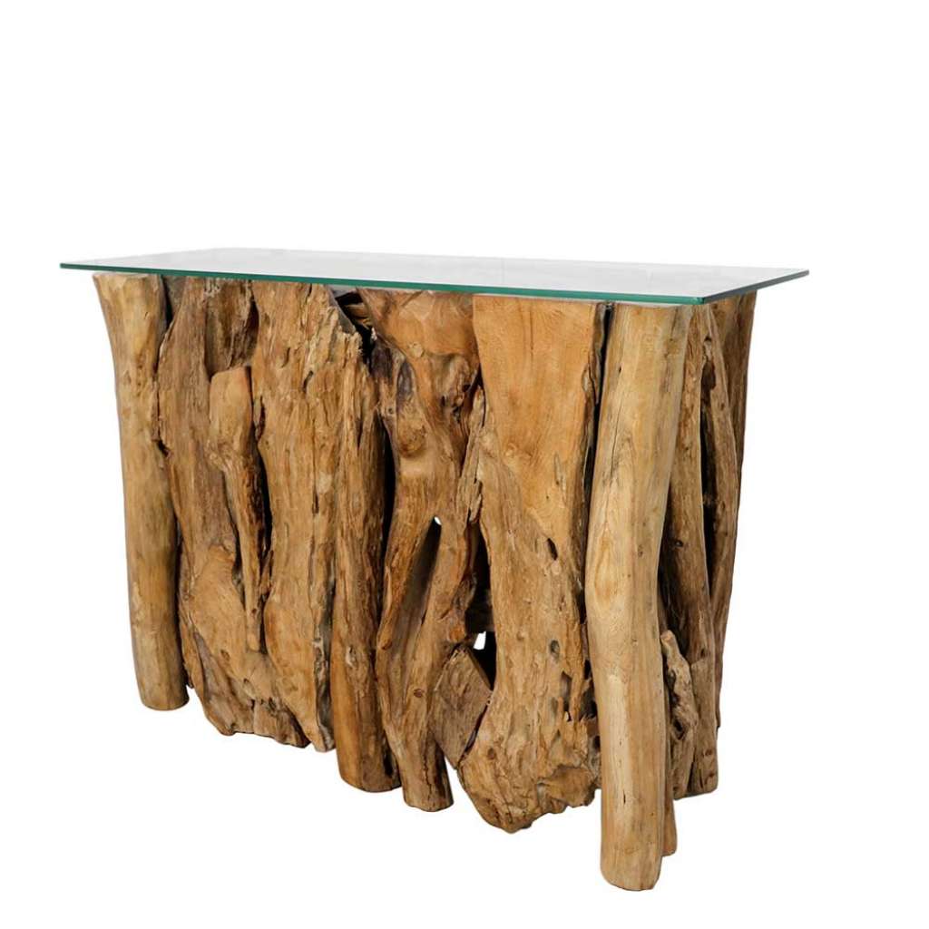 Glas Konsolentisch mit Wurzelholz Gestell 90 cm breit